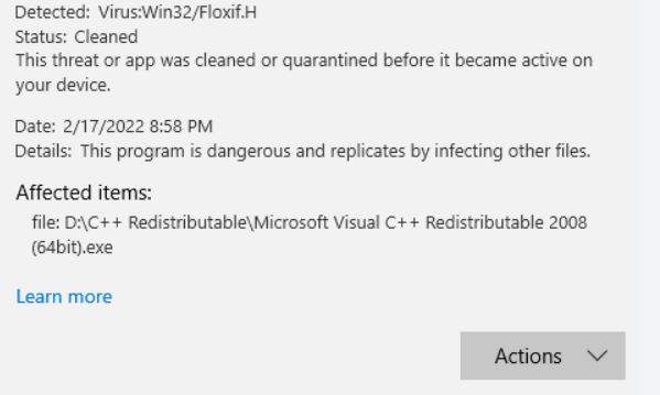 quarantine Win32/Floxif.H from your PC